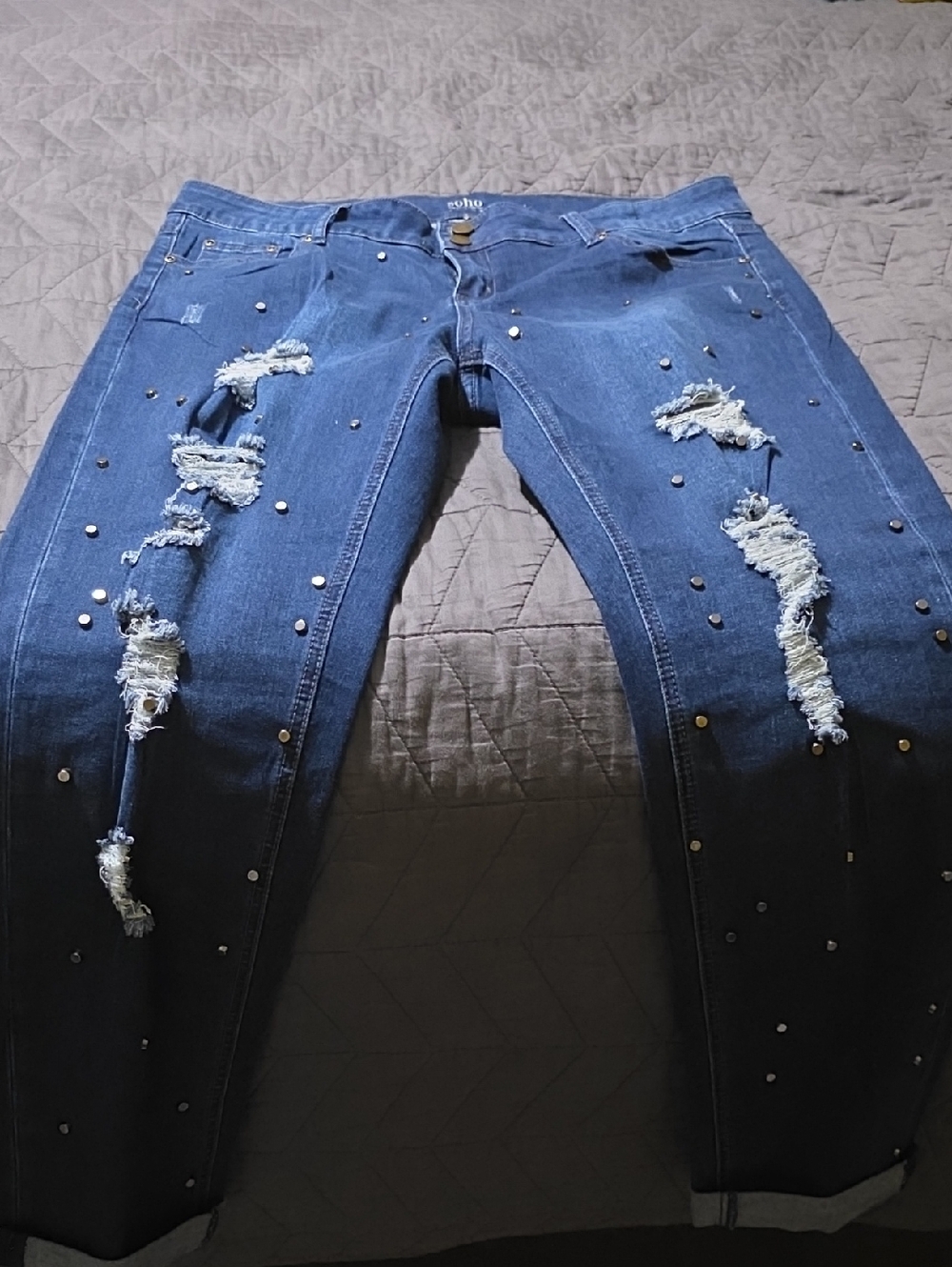 Soho Blue Boyfriend Jeans with Distressed Rips and Studs